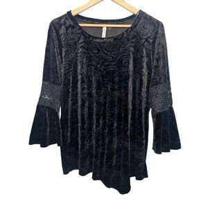 NY Collection Velour Burnout Bell Sleeve Top Med Black Witchy Goth Fairy Crochet